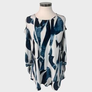 Alfani Cold Shoulder Top Womens Small Polyester Spandex Blue White Pattern